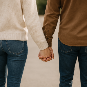 Two people standing side by side outdoors, holding hands. The photo is taken from behind, showing their joined hands and casual clothing.