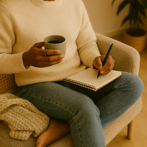 A person sitting comfortably in an armchair, holding a mug and writing in an open notebook on their lap